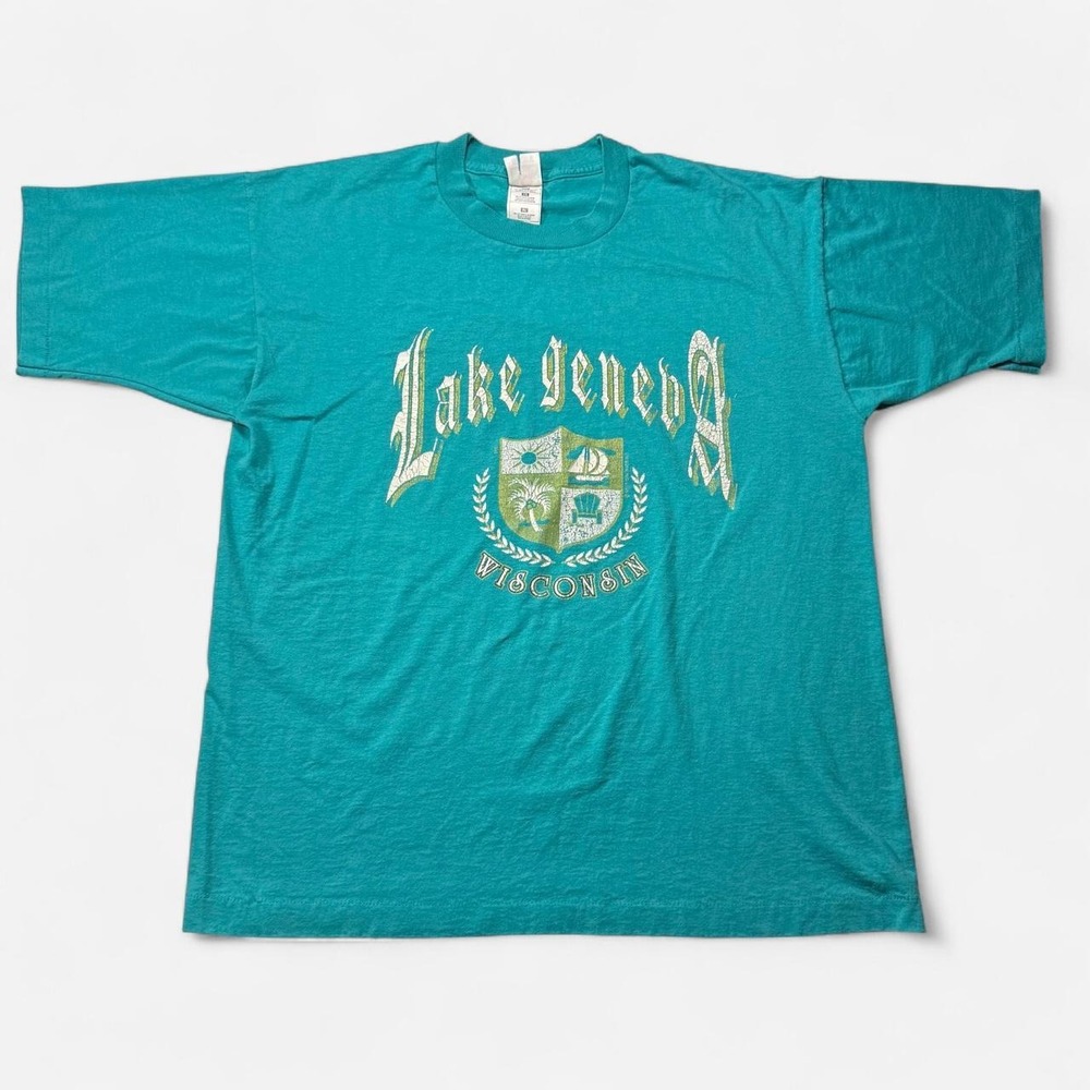 Vintage 90s Fruit of the Loom Lake Geneva Wisconsin teal souvenir tee, size XL